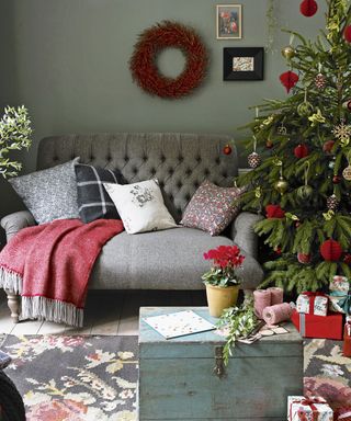 green christmas living room with decorations
