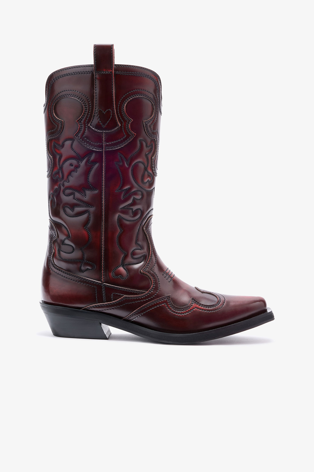 Mid Shaft Embroidered Western Boots in Burgundy