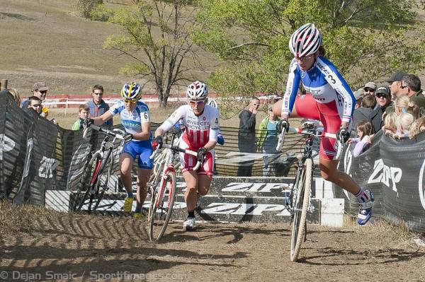 Caroline Mani, Butler and Georgia Gould (Luna) remounting their bikes and begin the chase mode