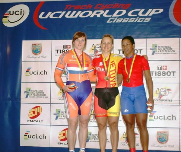 Women's sprint podium (l-r): Willy Kanis (Netherlands), 2nd; Simona Krupeckaite (Lithuania), 1st; Lisandra Guerra Rodriguez (Cuba), 3rd.