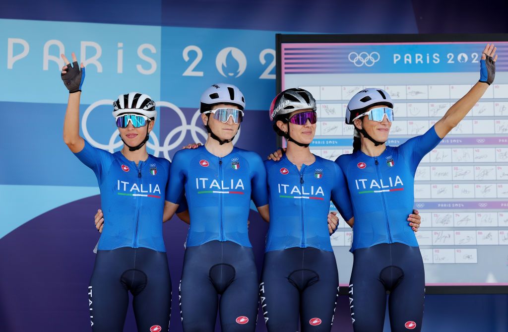  (L-R) Silvia Persico, Elisa Longo Borghini, Elena Cecchini and Elisa Balsamo of Team Italy prior to the Womens Olympic Road Race 