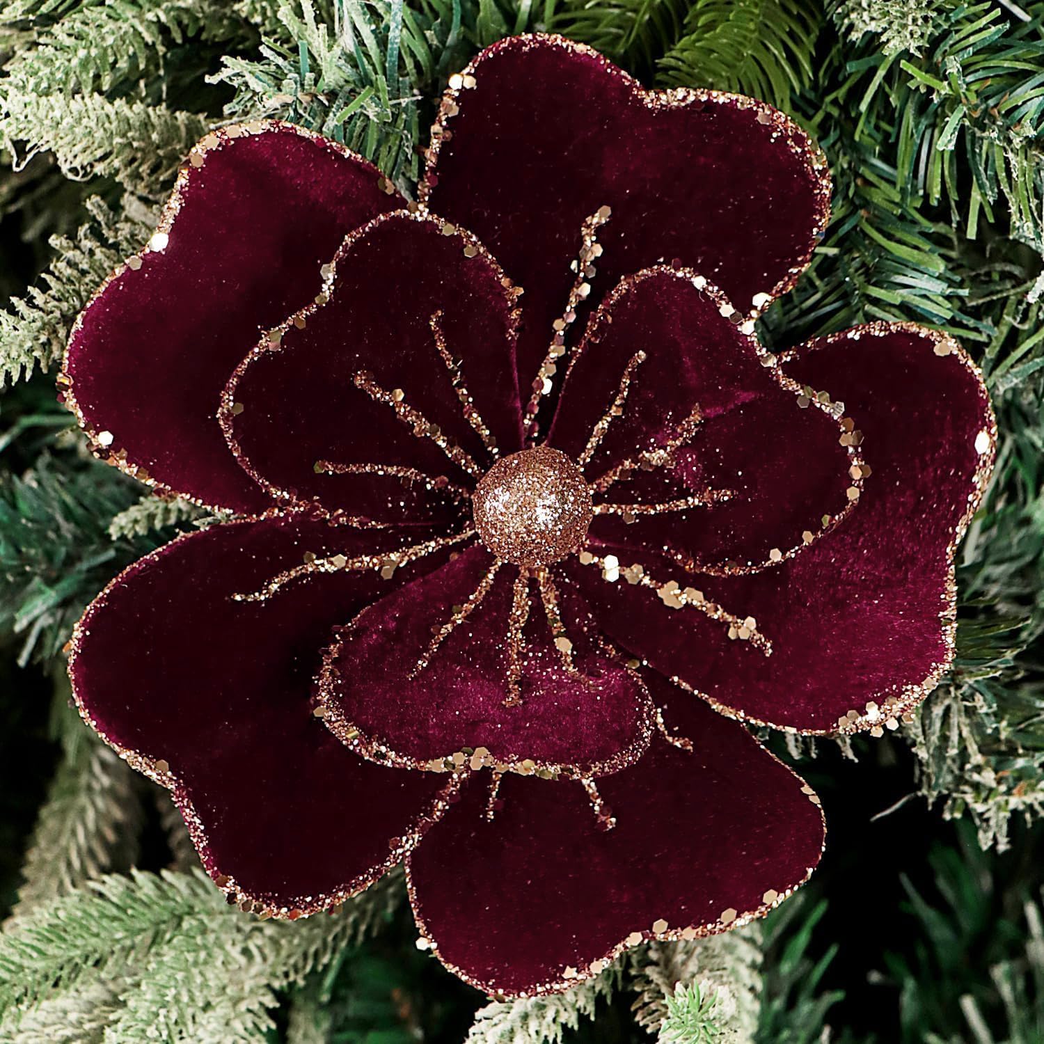 Kksty 4pcs Velvet Poinsettia Stems With Glitter Edge, Artificial Christmas Flower Picks for Christmas Tree Decoration Vase Filler Wreath Garland Crafts Holiday Wedding Home D&amp;eacute;cor (wine Red)