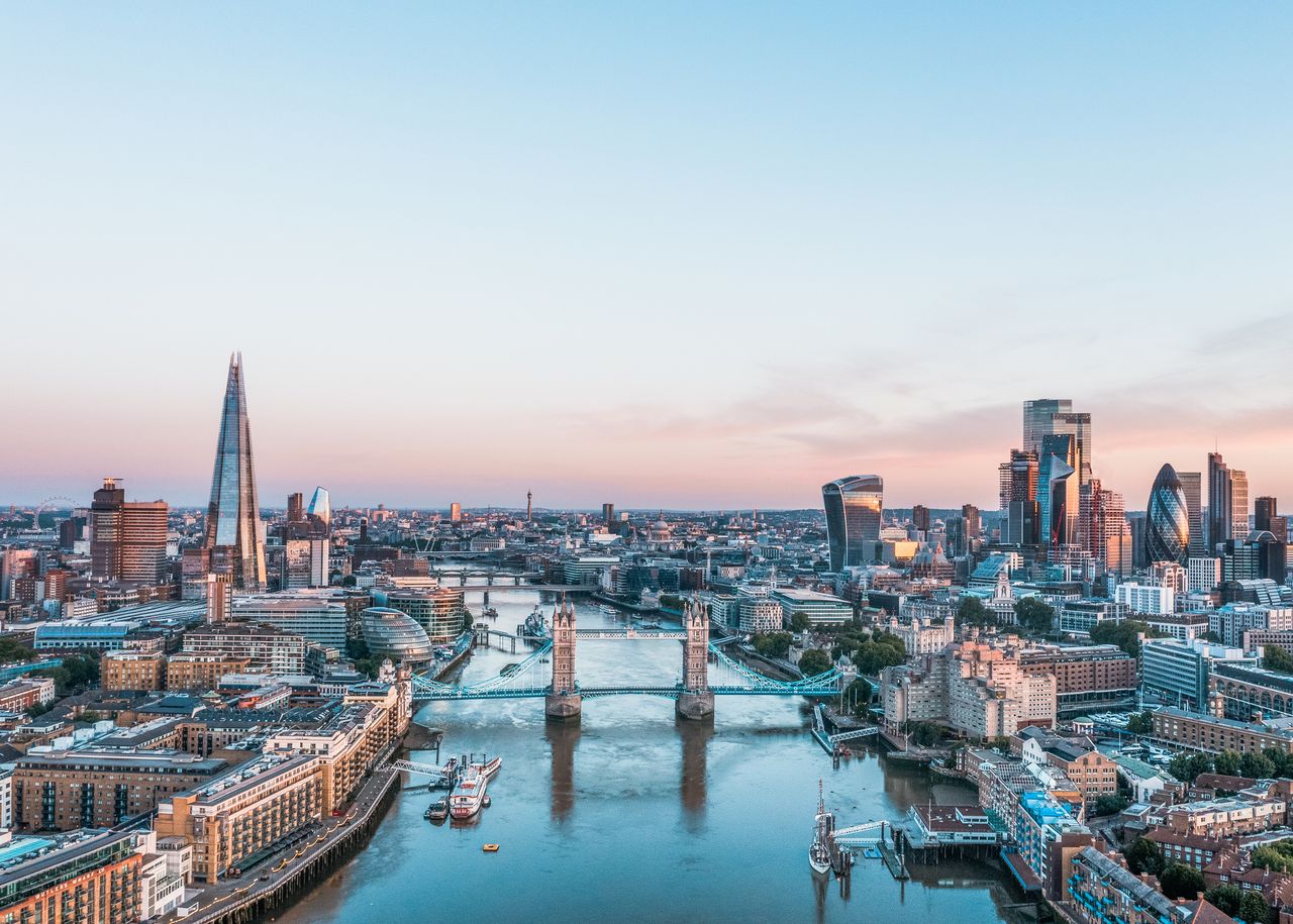 An elevated view of the London skyline, looking east to west.