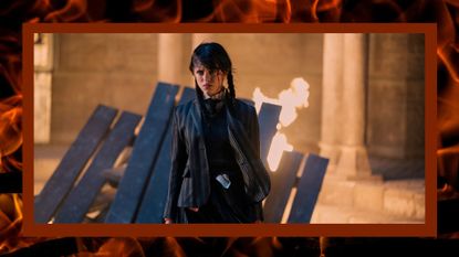 Jenna Ortega as Wednesday Addams in a fiery background