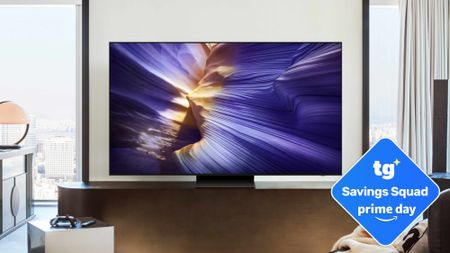 The Samsung S90F OLED TV displaying colorful, geographical formations in a well-lit living room