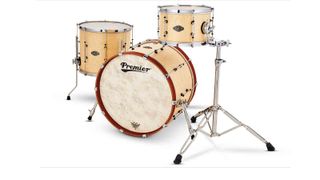 The Concert Master 22 has a birdseye maple veneer, with contrasting mahogany hoops on the bass drum