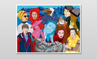 A poster featuring a dozen characters wearing outdoor clothing.