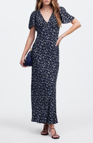 Floral Seamed Flutter Sleeve Maxi Dress