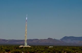 A student-built rocket lifts off from Spaceport America in New Mexico for the third annual Spaceport America Cup in June 2019.