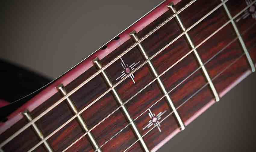 ￼Steve favours jumbo frets, as here on the immaculate rosewood fingerboard