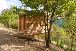 exterior of a wooden tiny house on a hill