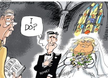Political cartoon U.S. Trump Mitt Romney Utah support GOP wedding