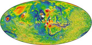 This global map of the gravity or Mars is the best one yet made and was created from 16 years' worth of data from three NASA orbiters around the Red Planet. This map shows the Thasis volcanoes of Mars, where white areas denote higher-gravity areas and blue denotes lower-gravity regions.
