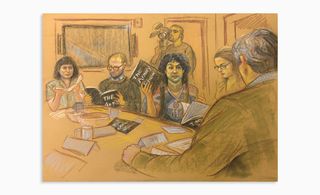 A pastel sketch showing six people around a table with boots entitled The Armory Show.