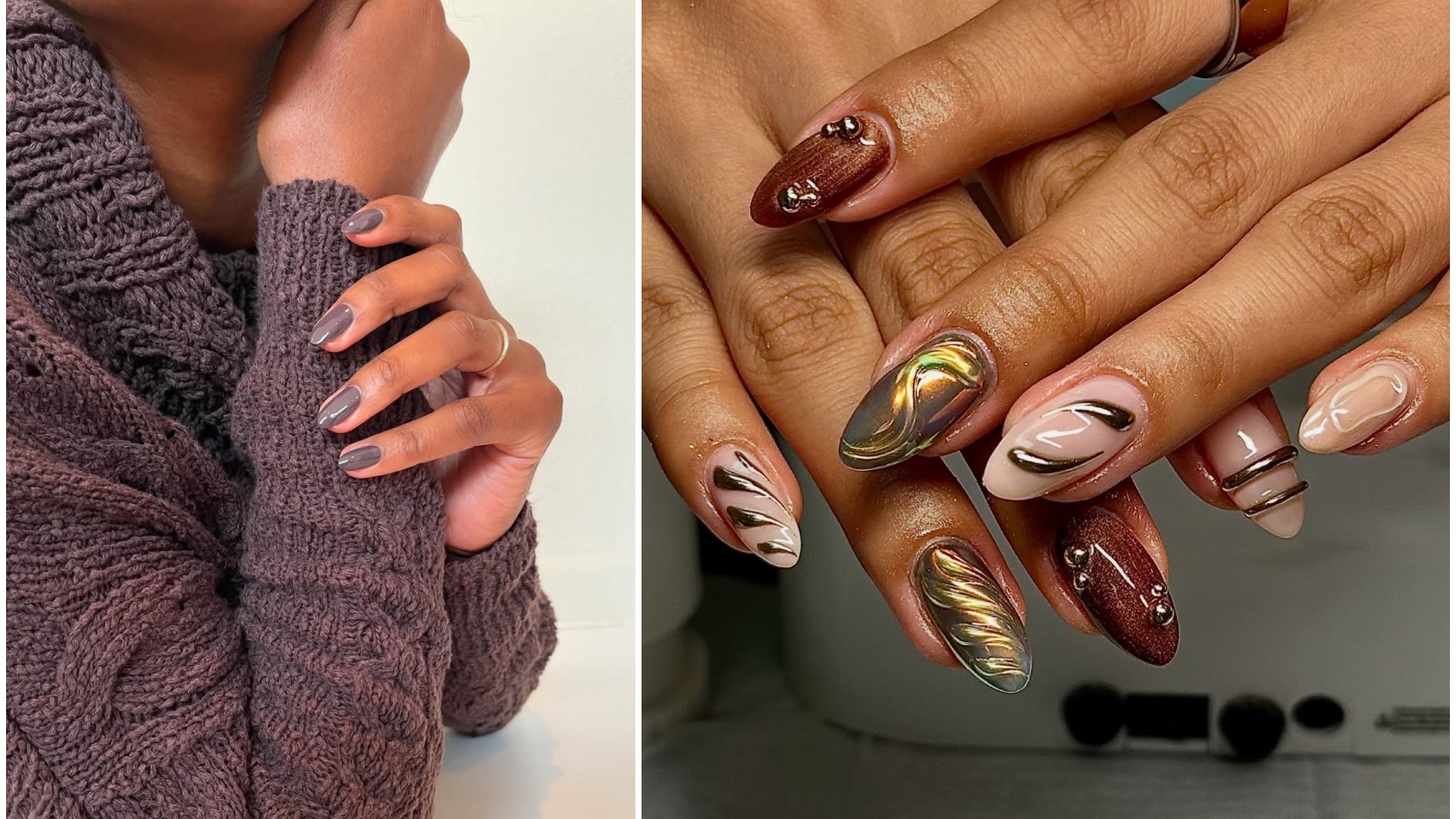 a side by side image of two manicures featuring brown nail polish