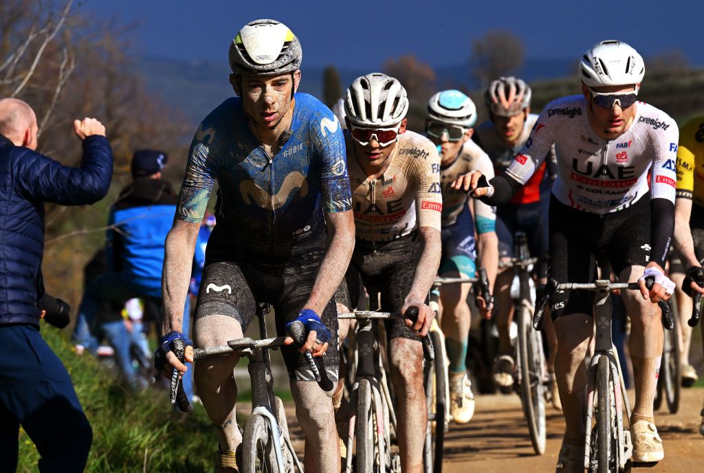 SIENA ITALY MARCH 02 LR Davide Formolo of Italy and Movistar Team Isaac del Toro of Mexico and UAE Team Emirates Tim Wellens of Belgium and UAE Team Emirates and Sepp Kuss of The United States and Team Visma Lease a Bike compete in the chase group during the 18th Strade Bianche 2024 Mens Elite a 215km one day race from Siena to Siena 320m UCIWT on March 02 2024 in Siena Italy Photo by Tim de WaeleGetty Images
