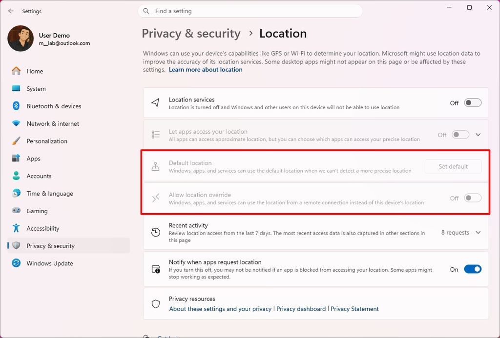 Windows 11 Settings in the Location section highlighting new default behavior when the feature is disabled.