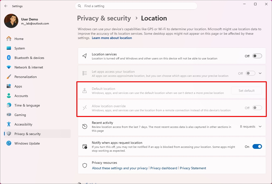 Windows 11 Settings in the Location section highlighting new default behavior when the feature is disabled.