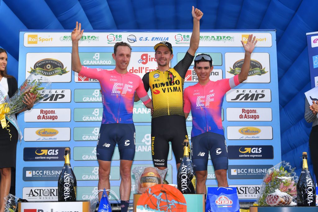 The final podium - Woods (second), Roglic (first) and Higuita (third)