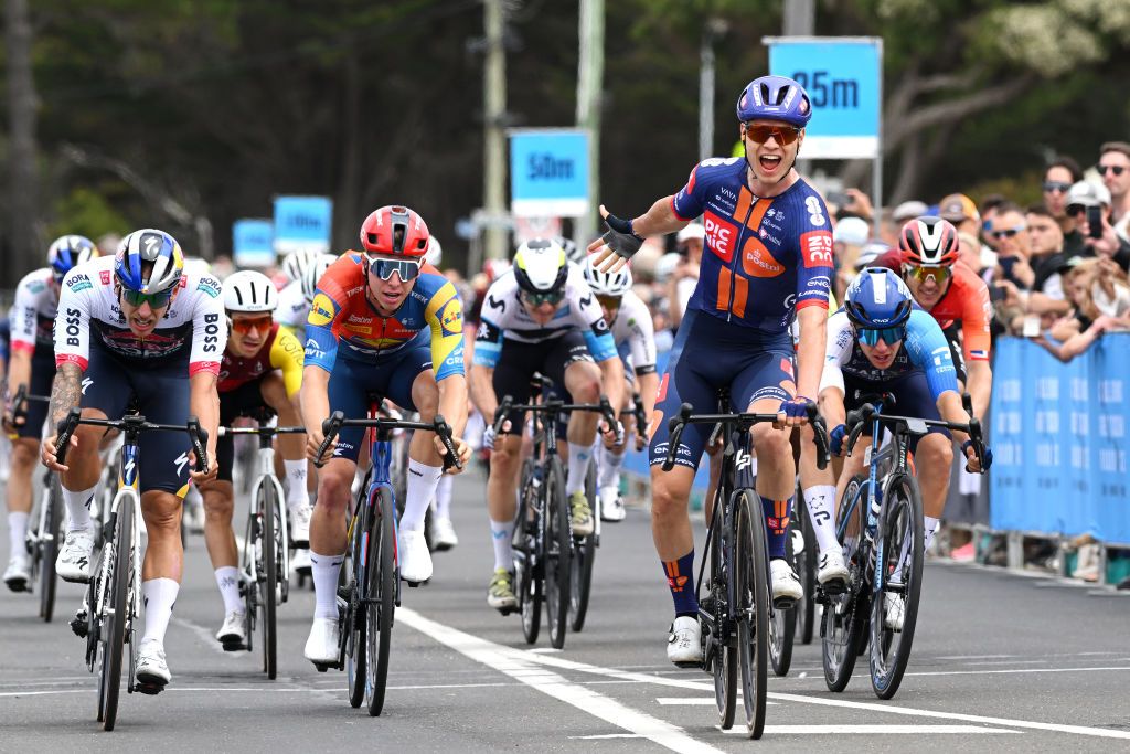 TORQUAY AUSTRALIA JANUARY 30 A general view of Tobias Lund Andresen of Denmark and Team Picnic PostNL celebrates at finish line as race winner ahead of Samuel Welsford of Australia and Team Red Bull BORA hansgrohe Tim Torn Teutenberg of Germany and Team Lidl Trek and Corbin Strong of New Zealand and Israel Premier Tech during the 2nd Surf Coast Classic 2025 Mens Elite a 157km one day race from Lorne to Torquay on January 30 2025 in Torquay Australia Photo by Dario BelingheriGetty Images