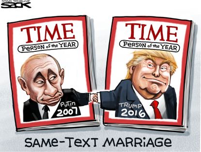 Political cartoon U.S. Donald Trump Vladimir Putin person of the year