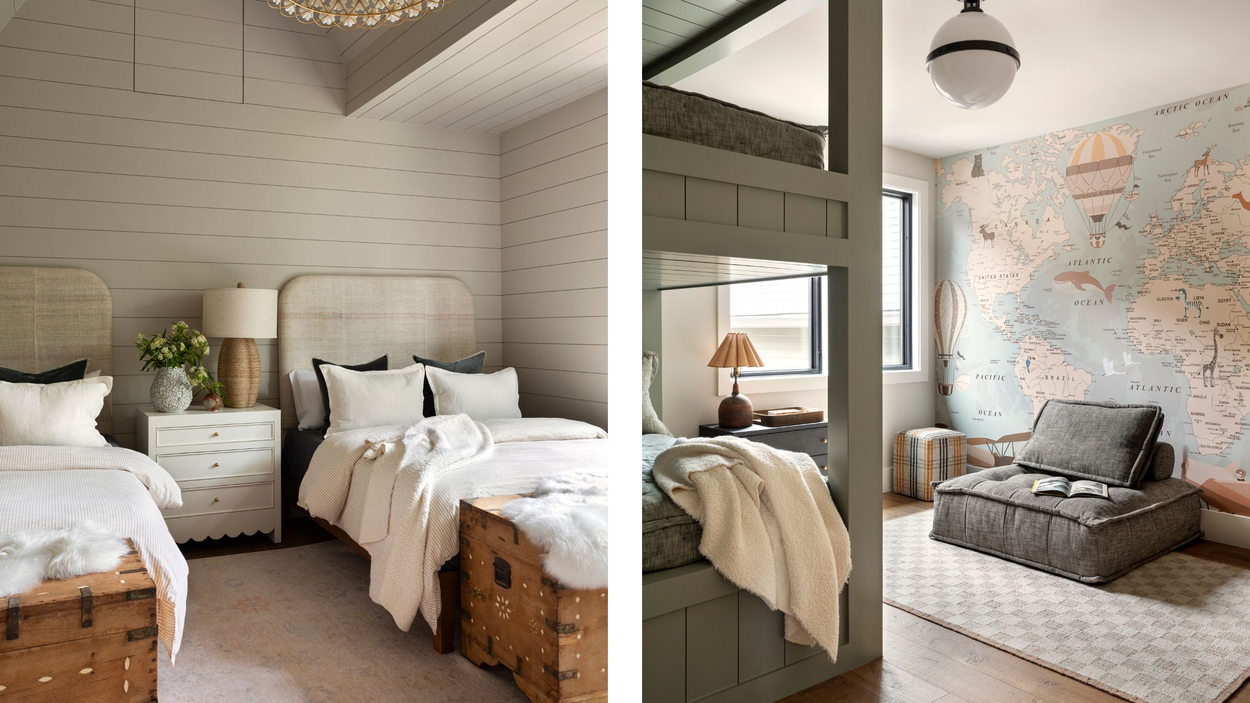 two side by side of kids bedrooms with bunk beds and twin beds