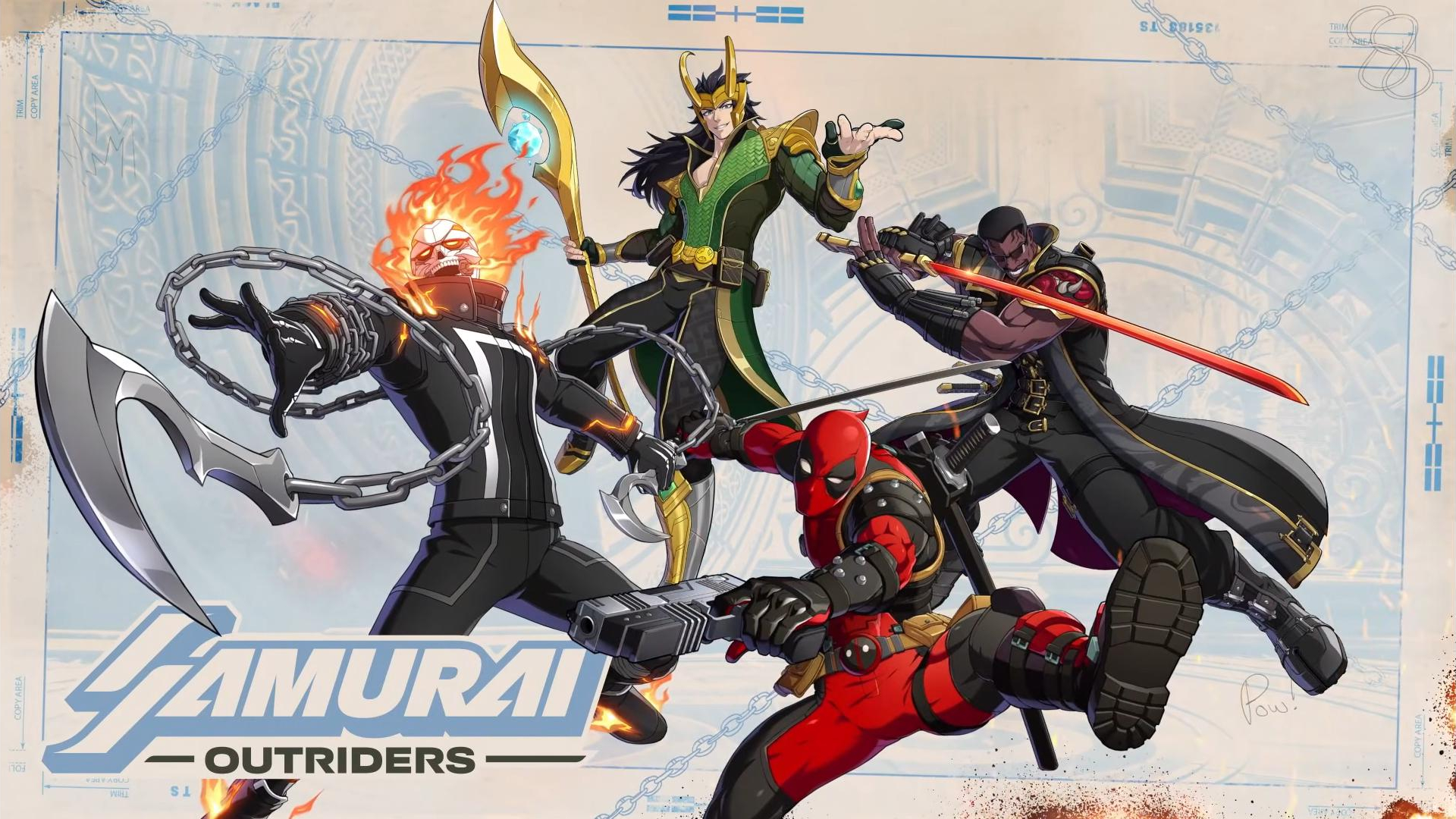 Marvel T&amp;#333;kon: Fighting Souls - Official artwork showcasing the Samurai Outriders team, with Deadpool, Loki, Ghost Rider, and Blade.