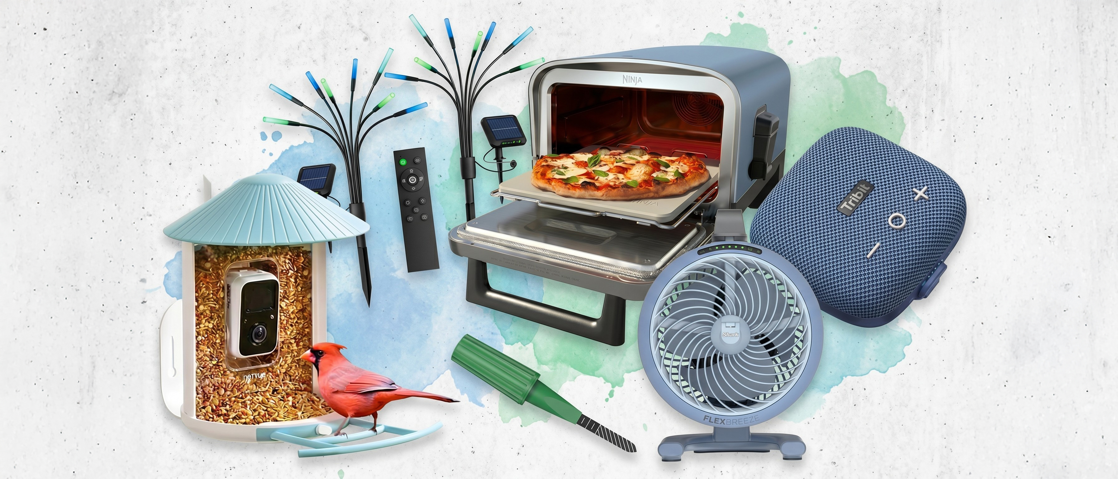 Smart bird feeder, outdoor lights, moisture sensor, fan, pizza oven, and Bluetooth speaker on green and blue background