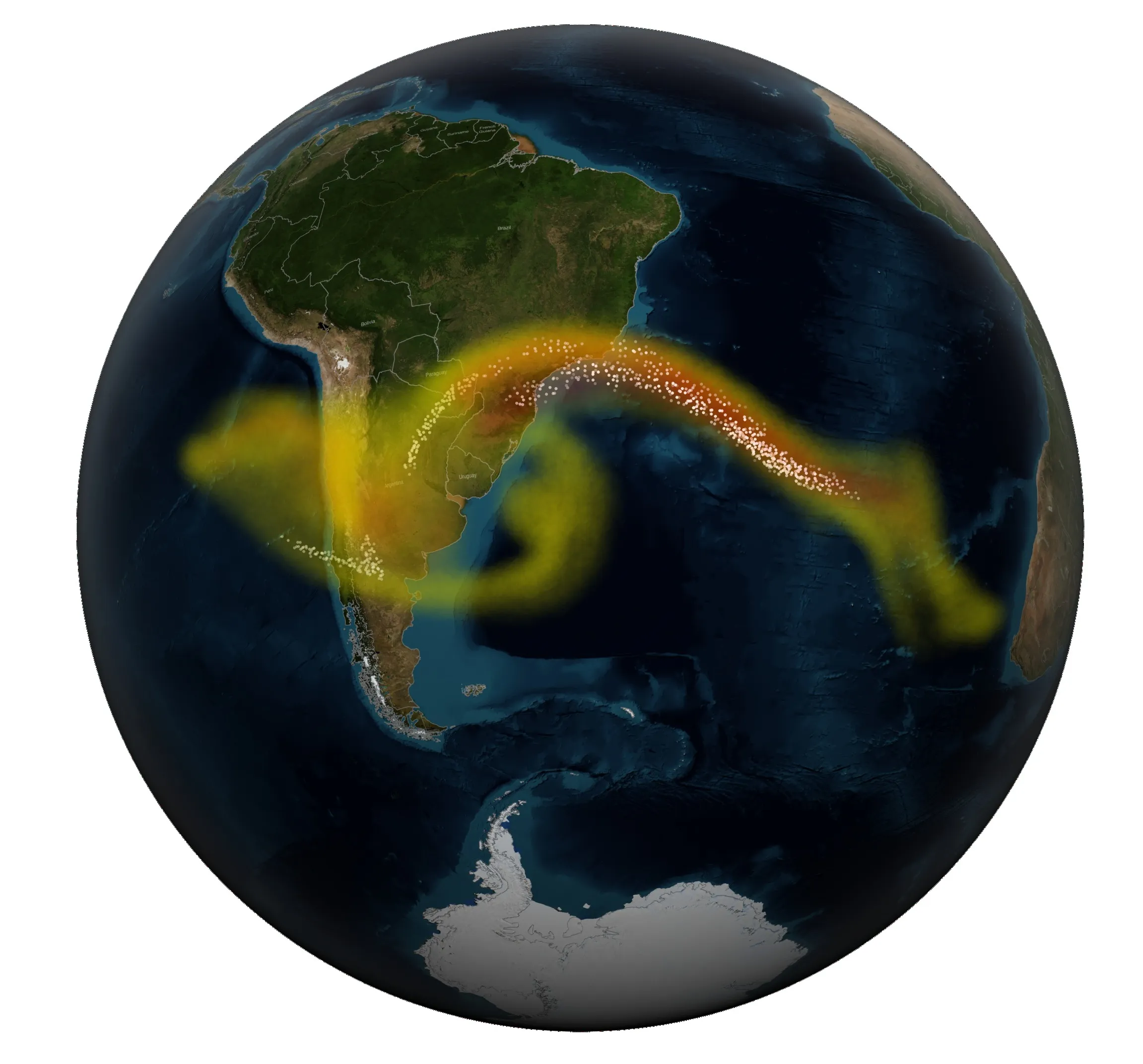 A reconstruction of Earth showing the aftermath of a volcanic eruption in Chile in 2008.