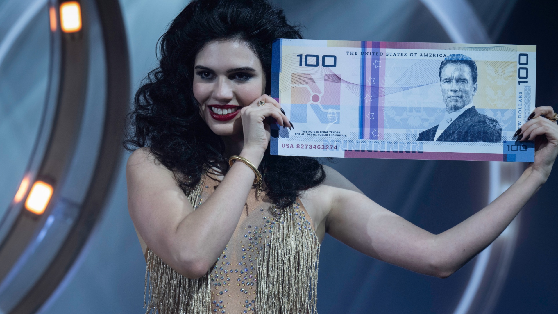 Arnold Schwarzenegger on a $100 bill in The Running Man