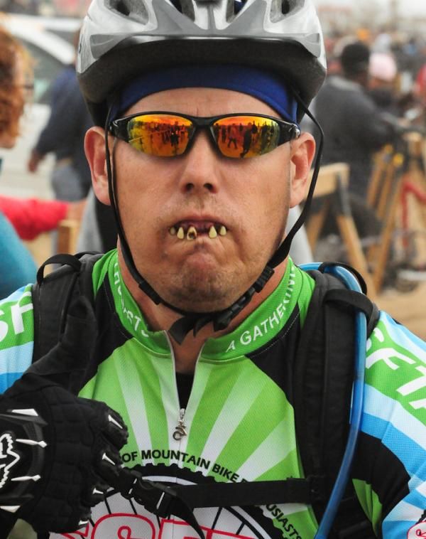 This rider apparently planned to scare the competiton with his fake teeth.