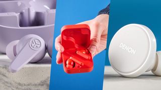 the jlab go pods anc, cmf by nothing buds pro 2, and denon perl pro on blue tom's guide background