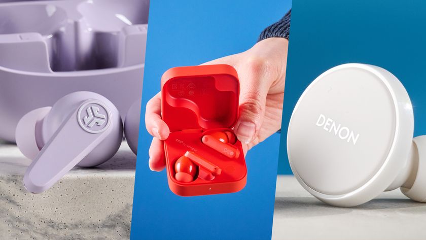 the jlab go pods anc, cmf by nothing buds pro 2, and denon perl pro on blue tom's guide background