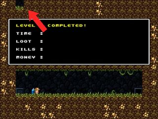An arrow points to a missing tile in Spelunky