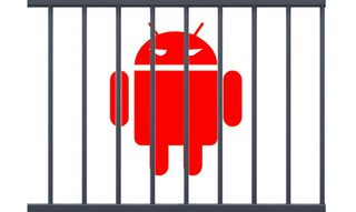 red android robot with horns locked up behind bars