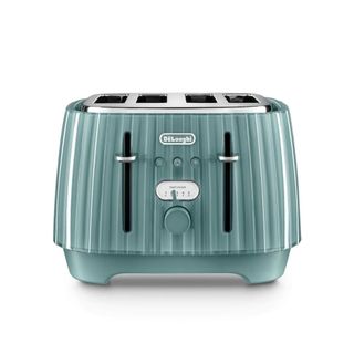 Blue shiny four slice toaster with Delonghi lettering