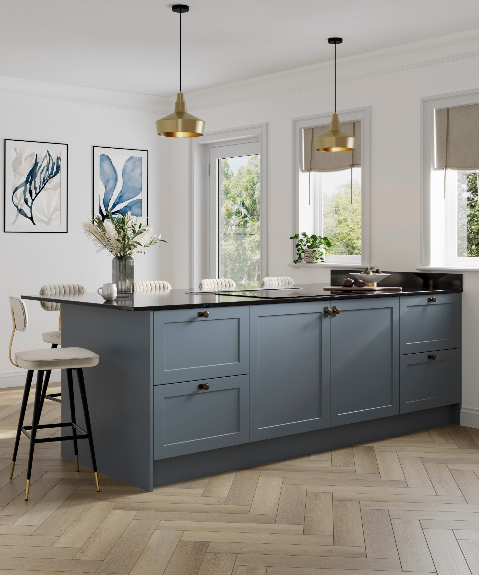 Kitchen with blue worktops and black worktop