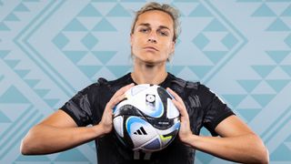 Hannah Wilkinson of New Zealand holds the FIFA Women's World Cup 2023 match ball