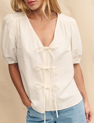 White Linen-Blend Bernadetta Blouse