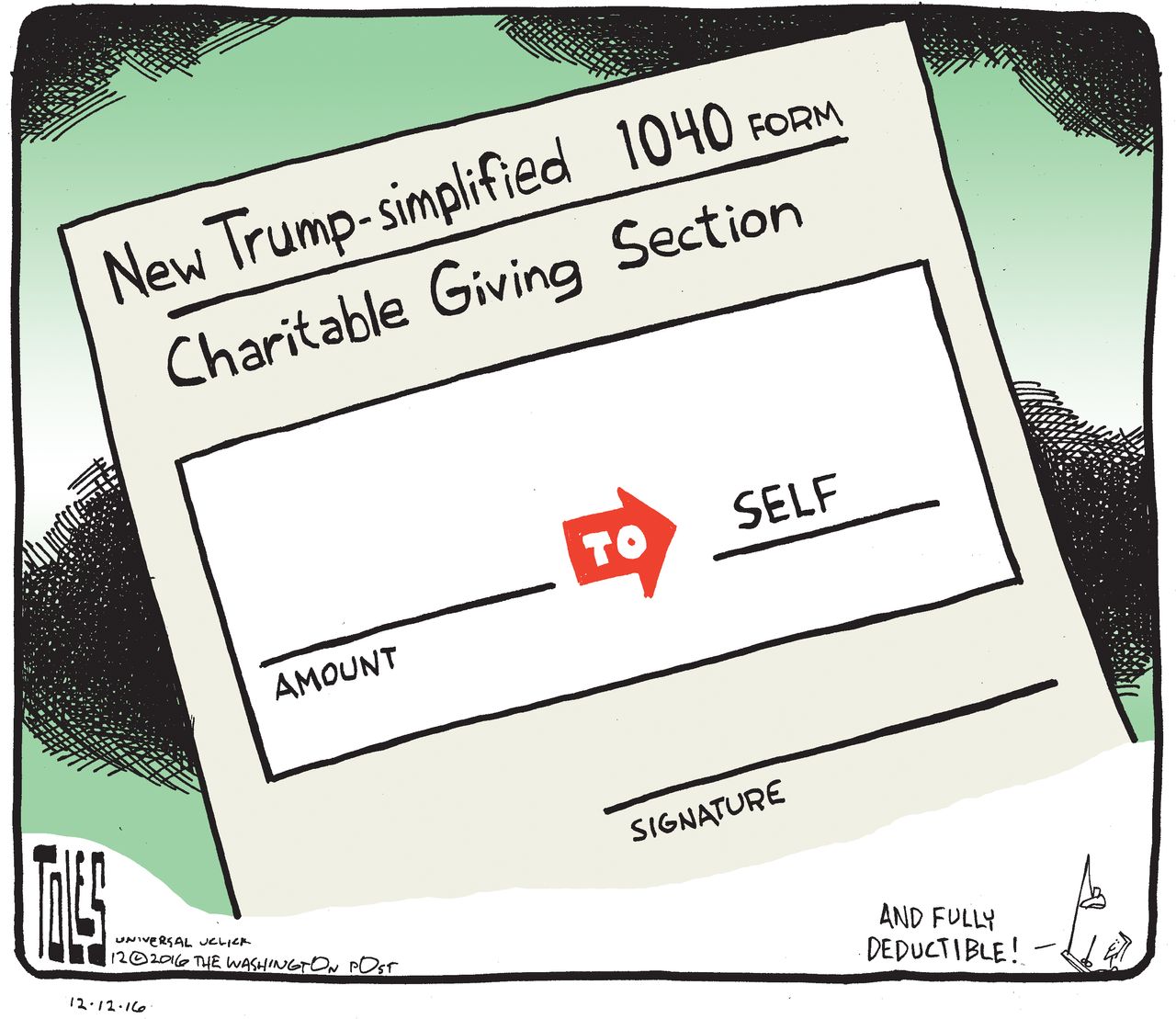 Political cartoon U.S. Donald Trump charitable giving