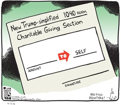 Political cartoon U.S. Donald Trump charitable giving
