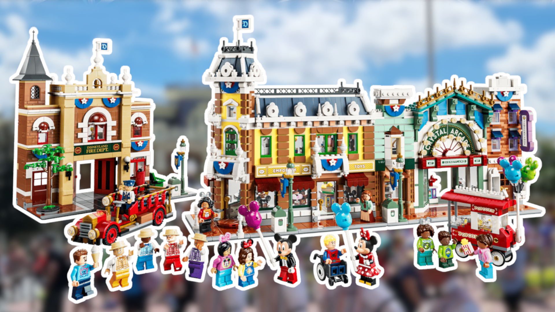 Lego Main Street USA outlined in white against a blurred shot of the real Main Street USA