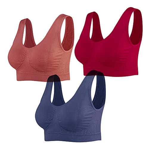 Lemef 3-Pack Seamless Sports Bra Wirefree Yoga Bra With Removable Pads for Women (x-Large, Brown&amp;amp;navy&amp;amp;merlot)