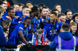 Rangers players celebrate after winning the Scottish League Cup in December 2023.