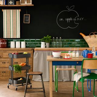 kitchen area with blackboard on wall and dining table