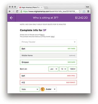 Virgin America’s website offers helpful and succinct form validation messages with great personality