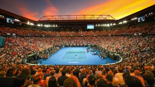 Australia Open view inside the Rod Laver Arena for tennis at dusk