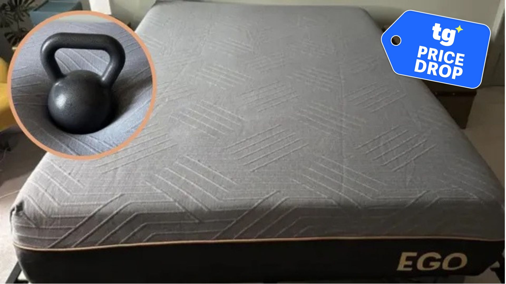 The EGOHOME Black 12" Mattress in a Tom's Guide tester's bedroom. In the top right foreground, there is a price drop deals badge. 
