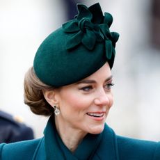 Kate Middleton wearing a green coat and hat on St. Patrick's Day 2025 