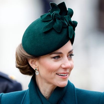 Kate Middleton wearing a green coat and hat on St. Patrick's Day 2025 